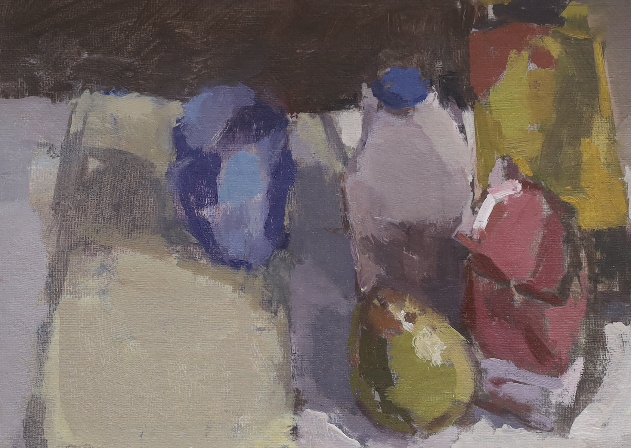 Michael Weller NEAC, three contemporary oils on board, Still lifes and Mudeford Quay, each with details verso, 35 x 26cm